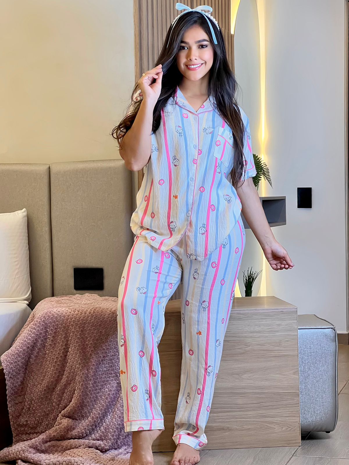 Cozy Kitty Set – Pijama Mujer 3 Piezas en Chalis Crepé